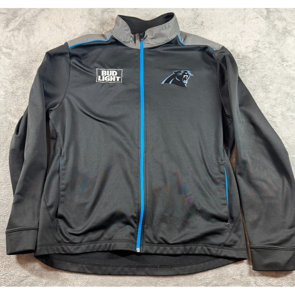 Carolina Panthers Majestic ThermaBase Bud Light Promo Jacket L Black Blue NFL